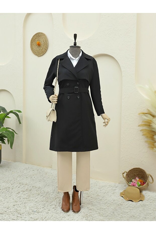 Inner Lined Buttoned Belted Trench Coat - 2