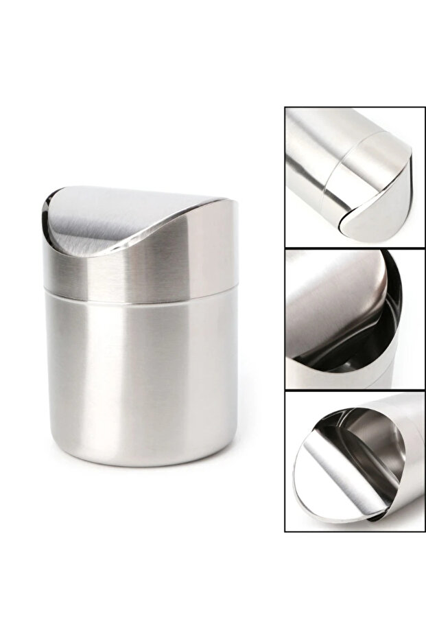 A Stainless Steel Desk Trash Bin Countertop Waste Can With Swing Lid 1.5 L Mini DustBin