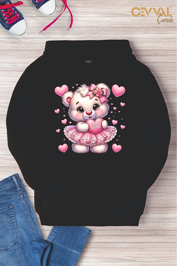 Beary Hearts Printed Hooded Oversize Children's Sweat Shirt