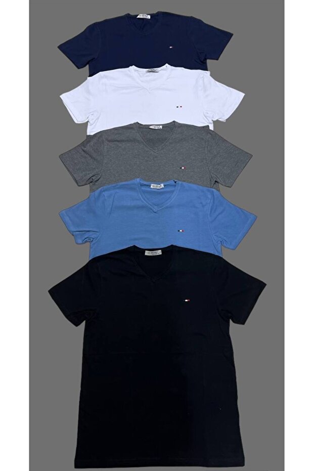 Men's Cotton Lycra Slim Fit V-neck T-shirt 5 Pack