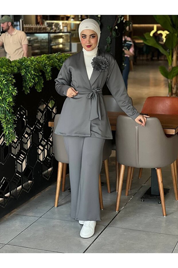 طقم حجاب رمادي مزدوج - 44105 - 1