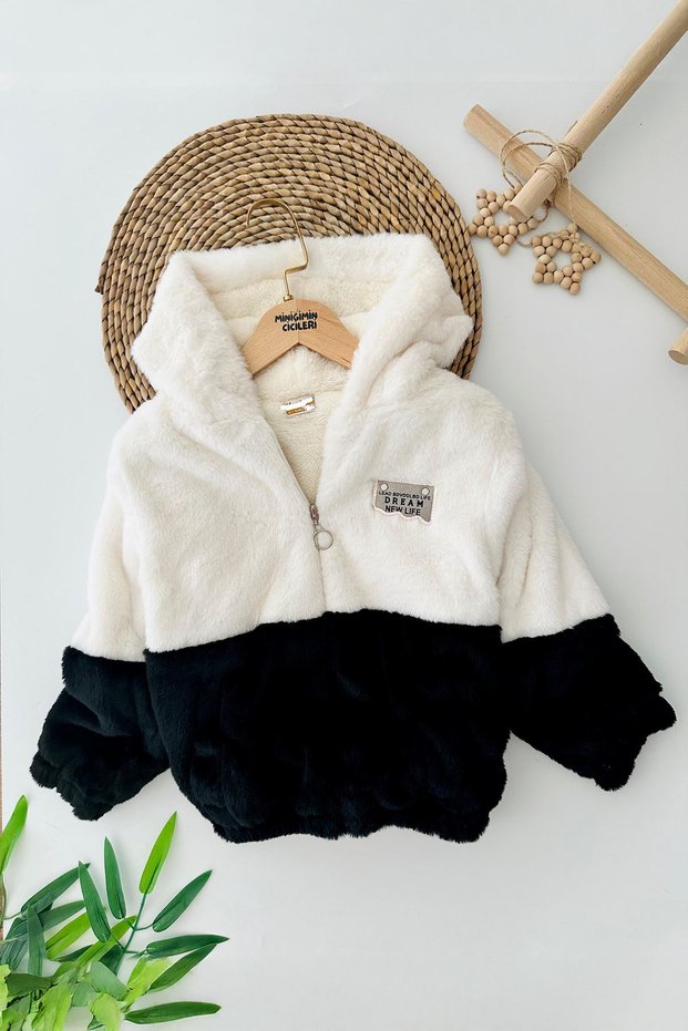 Girl's Fur Coat - My Mini, Hooded, Crested, Double Color, Black
