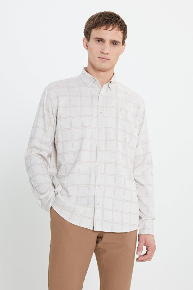 Oxford Regular Fit Rahat Kesim Gizli Düğmeli Yaka Kareli BEJ ACIK KAHVE Gömlek - 3