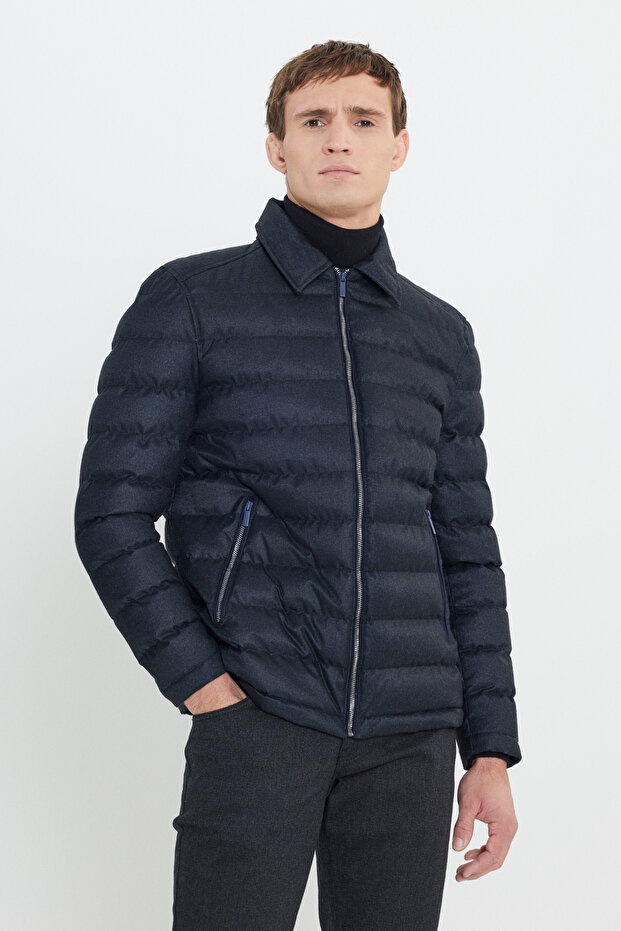 Standart Fit Normal Kesim Gömlek Yaka Fermuarlı Yan Cepli Kapitone Desenli Şişme Lacivert Mont - 1