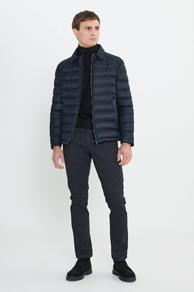 Standart Fit Normal Kesim Gömlek Yaka Fermuarlı Yan Cepli Kapitone Desenli Şişme Lacivert Mont - 2