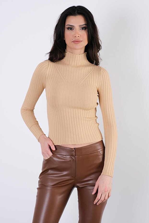 Fusca Dik Yaka Fitilli Triko CAMEL - 1
