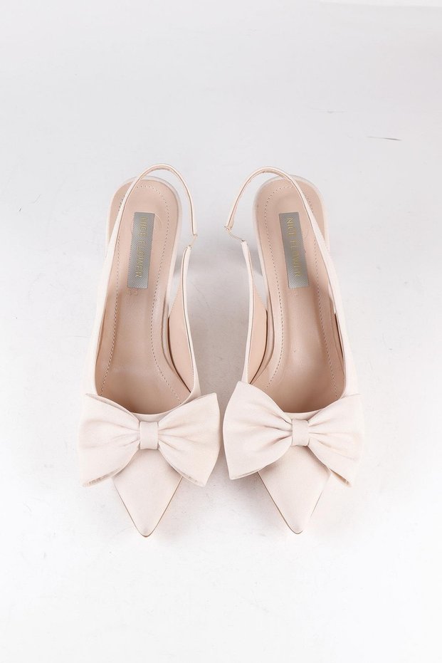 Women's Bow Detail Beige Satin Heeled Shoes
