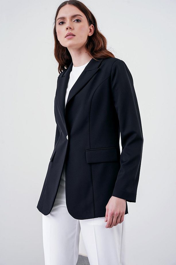 Kruvaze Yaka Tek Düğmeli Siyah Blazer Ceket C-0070 - 5