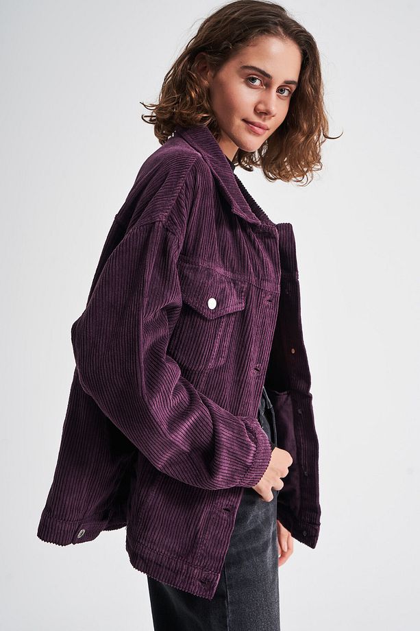 Kadın Mor Renk Kalın Fitilli Kadife Kumaş Oversize Ceket - 4