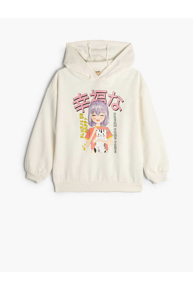 Hooded Oversize Sweatshirt Anime Printed Long Sleeve Cotton with Raised Print