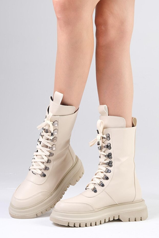 Beige Color Leather Fur Lined Women's Boots