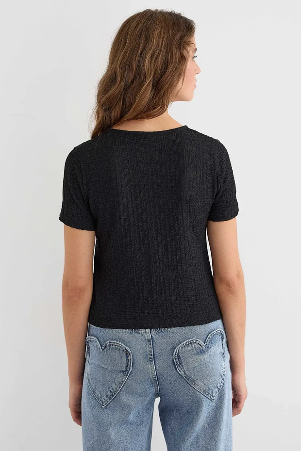 Kısa Kollu Bağlama Detaylı Bluz - 4