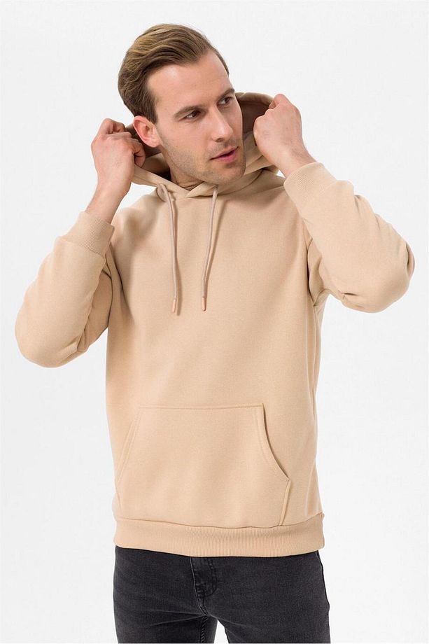 Süvari Kapüşonlu Yaka Regular Kalıp Düz Bej Sweatshirt - 5