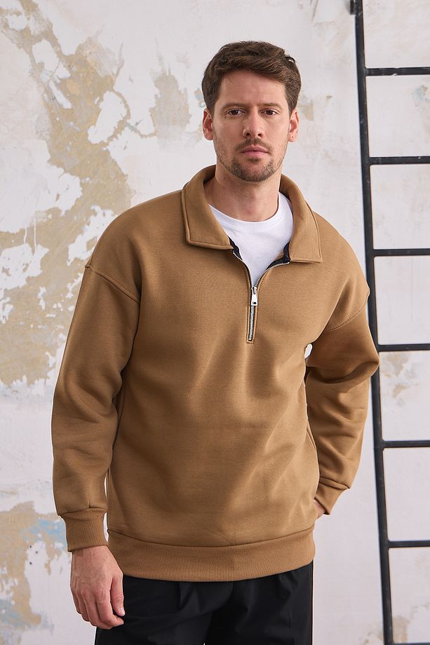 Erkek Yarım Fermuar Regular Fit Sweatshirt KARAMEL - 3
