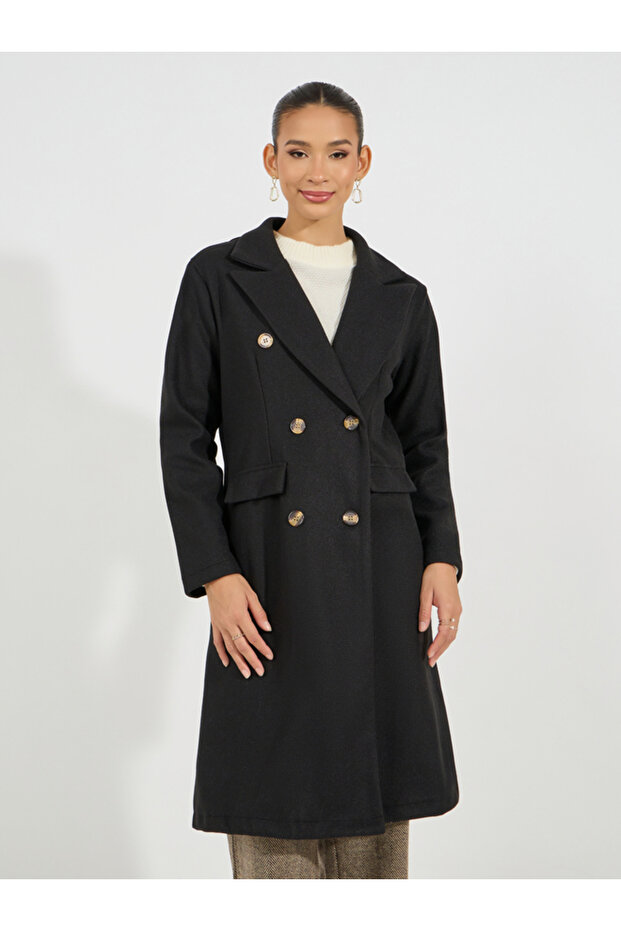 Regular Fit Midi Length Wool Like Double Breasted Coat