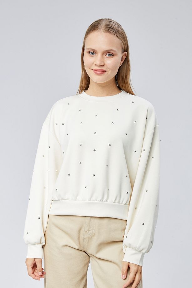 Bej Zımba Detaylı Yumuşak Doku Sweatshirt - 1