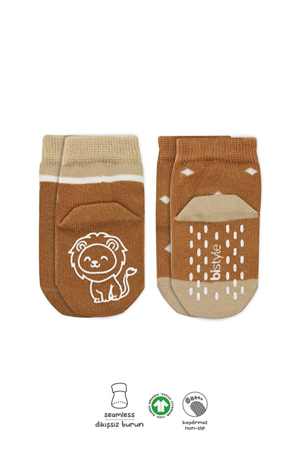 Organic Baby Boy Children's 2-Piece Non-Slip Combed Cotton Socks with Animal Figures