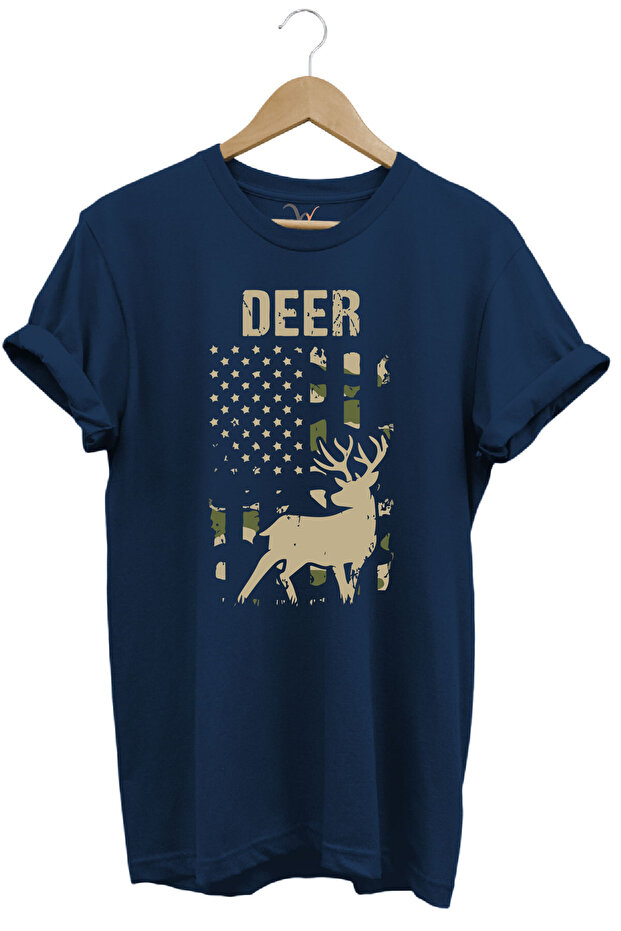 تي شيرت صيد الغزلان للصيد من نوع Deer Hunt مطبوع بنمط مموه مناسب بشكل منتظم باللون الأزرق الداكن