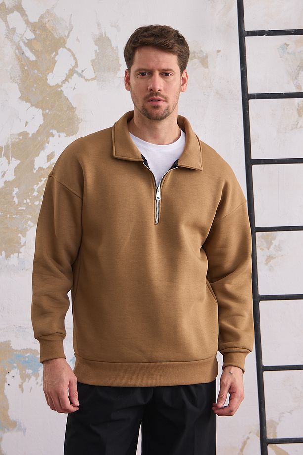 Erkek Yarım Fermuar Regular Fit Sweatshirt KARAMEL - 5