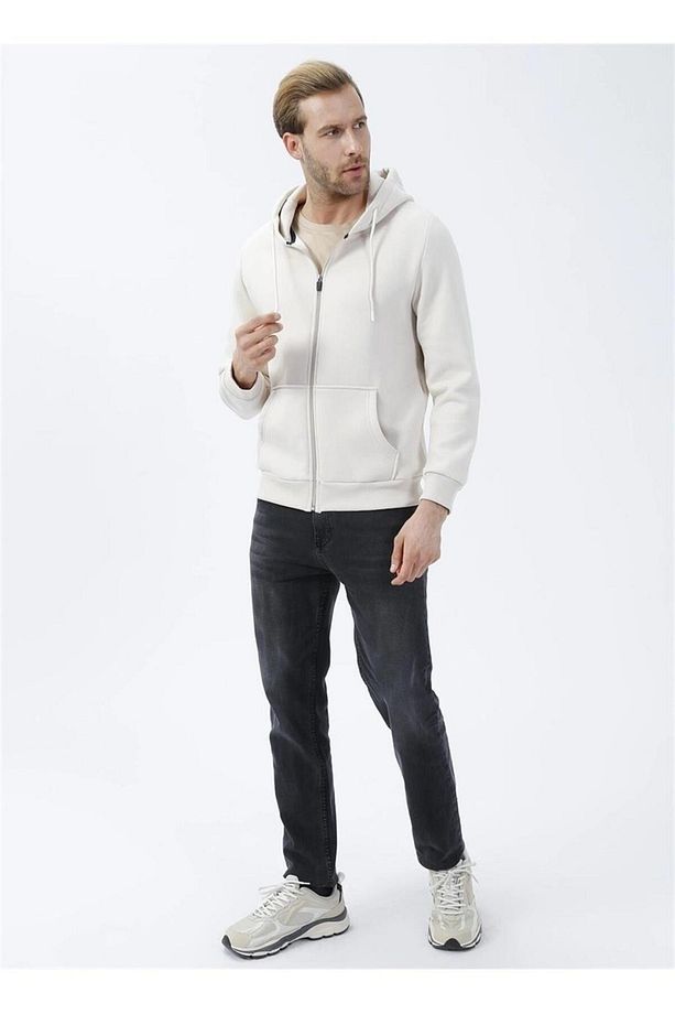 Süvari Kapüşonlu Fermuarlı Yaka Regular Kalıp Düz Ekru Sweatshirt - 3
