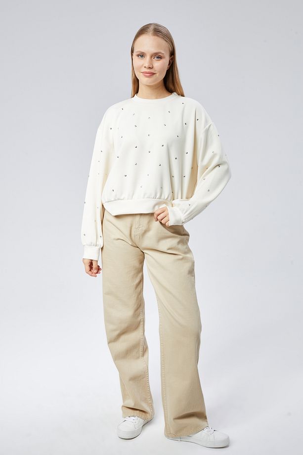 Bej Zımba Detaylı Yumuşak Doku Sweatshirt - 7