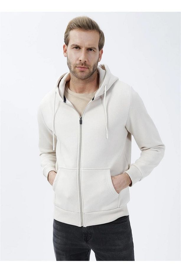 Süvari Kapüşonlu Fermuarlı Yaka Regular Kalıp Düz Ekru Sweatshirt - 1