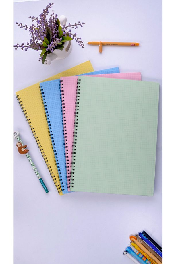 A4 Spiralli Okul Defteri 50 Yaprak 100 Sayfa 4'lü Set - Kareli Defter - Renkli Defter - 6