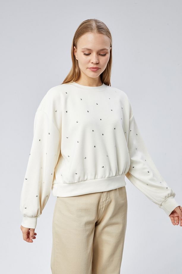 Bej Zımba Detaylı Yumuşak Doku Sweatshirt - 4