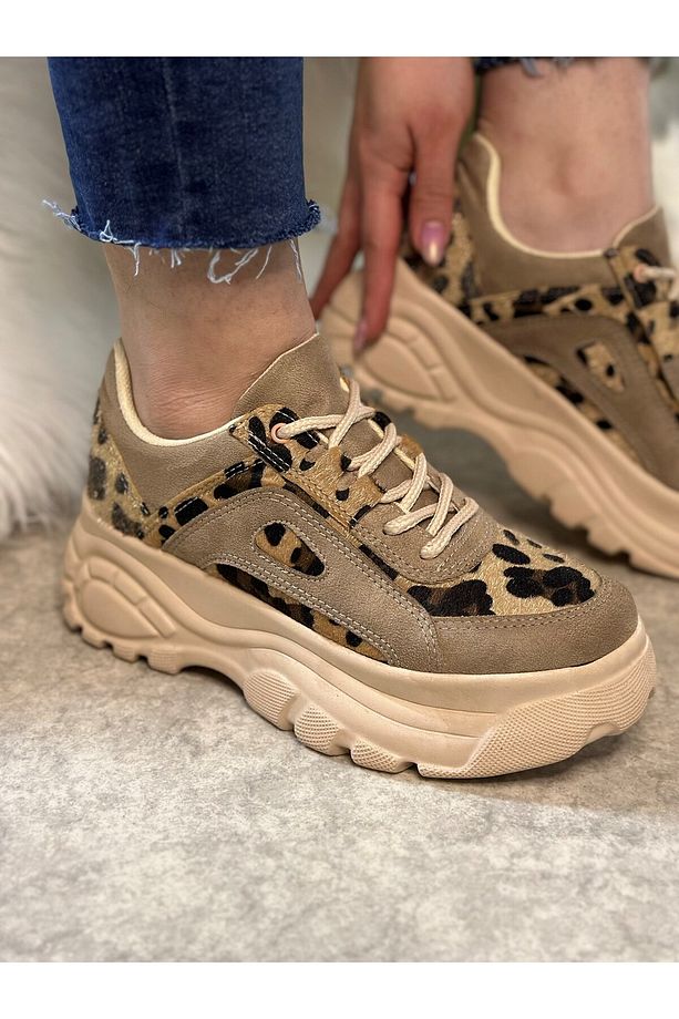 Günlük Kadın Bej Leopar Spor Ayakkabı Bağcıklı Kalın Hafif Yüksek Taban Sneaker 001 - 1