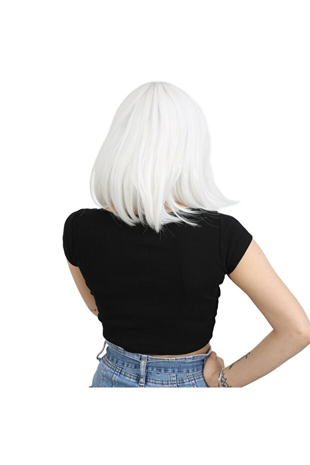 شعر مستعار من الألياف مع غرة مفرودة / أبيض - 4