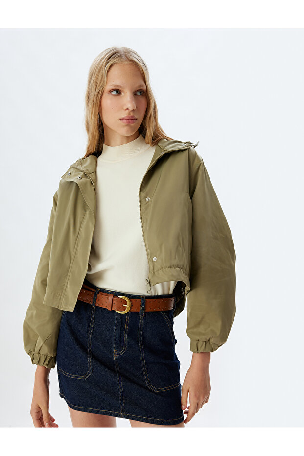 Crop Jacket Oversize Zippered Hooded Snap Button Waterproof