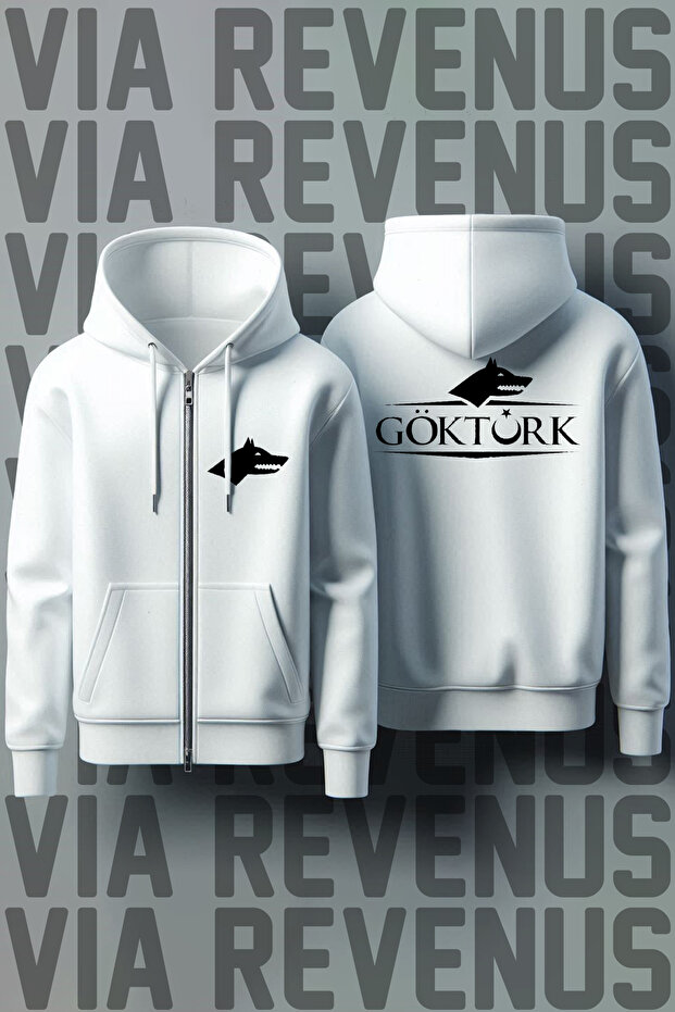 Göktürk Front and Back Printed Unisex Zippered Hooded White Sweatshirt Cardigan