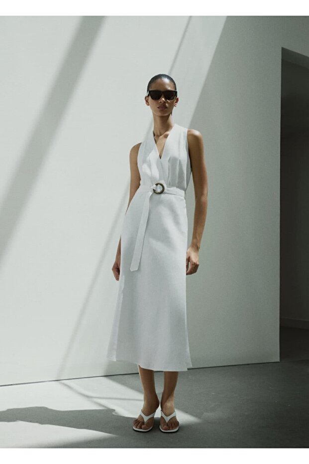 Kemerli keten elbise - 6