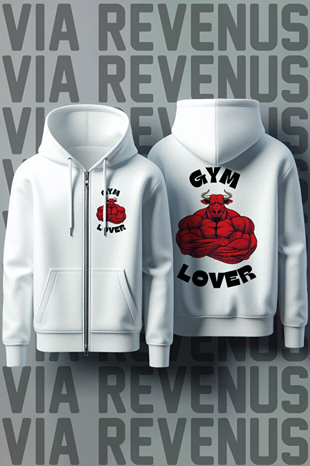 Gym Lover Front and Back Printed Unisex Zippered Hooded White Sweatshirt Cardigan