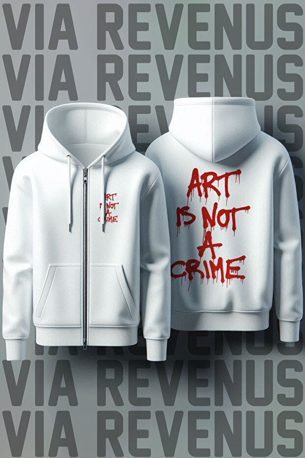 Art Is Not a Crime Front and Back Printed Unisex Zippered Hooded White Sweatshirt Cardigan