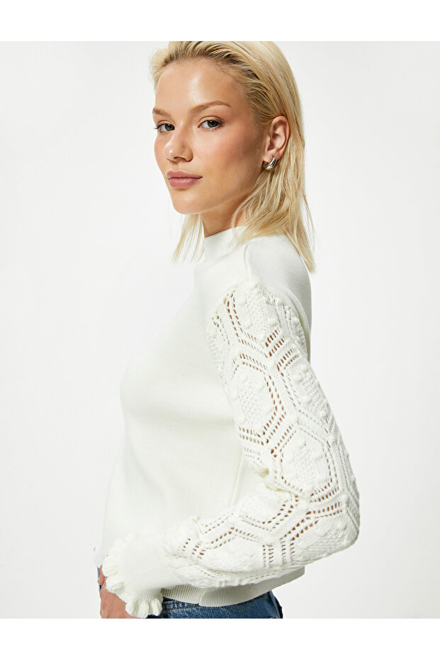 Knitwear Sweater Long Sleeve Openwork Lightweight Stand Collar Cuffs Ruffle Detail