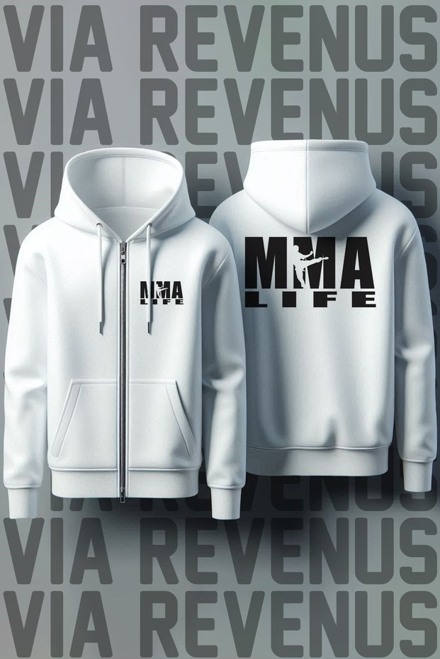 Mma Life Front and Back Printed Unisex Zippered Hooded White Sweatshirt Cardigan