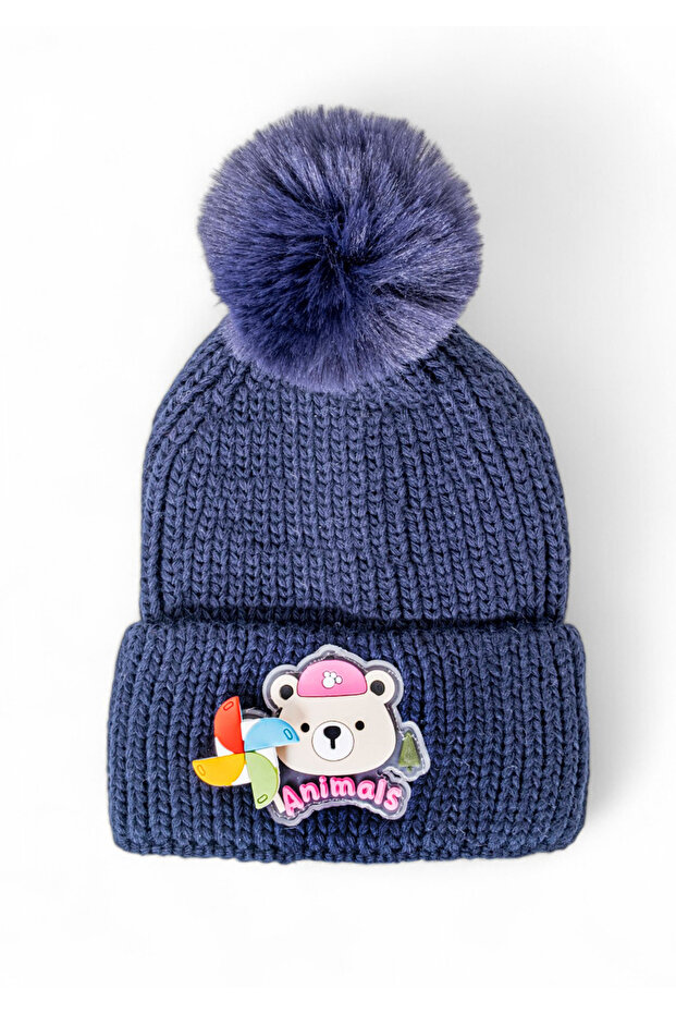 Girl's Folded Animals Embroidered Beanie with Pompom