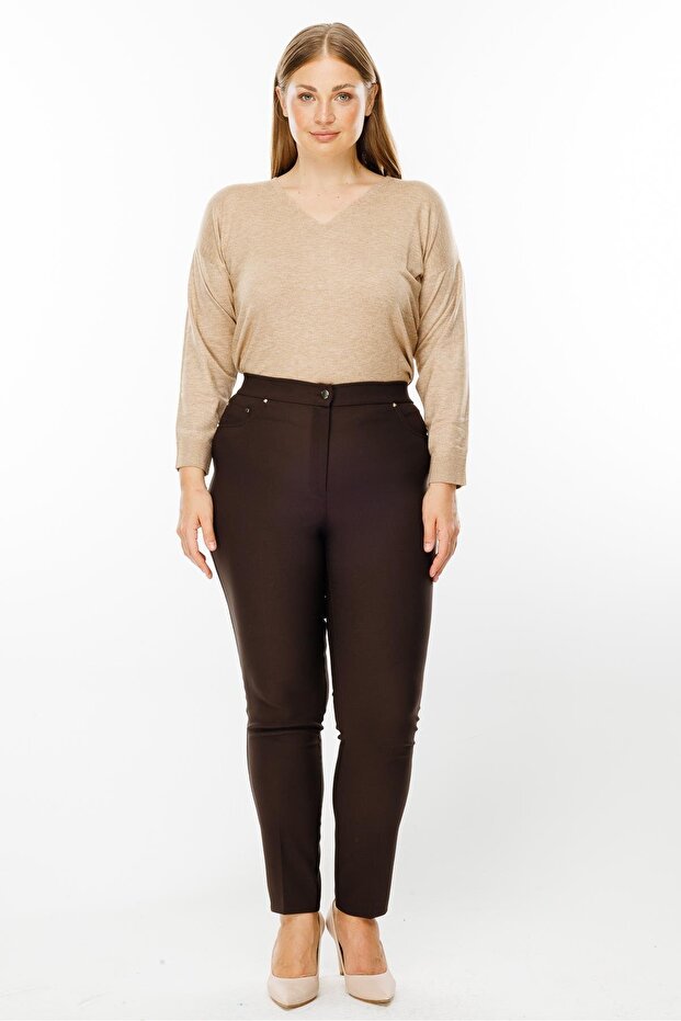 Modailgi  Beli Lastikli Beş Cep Dar Paça Pantolon Kahve - 1