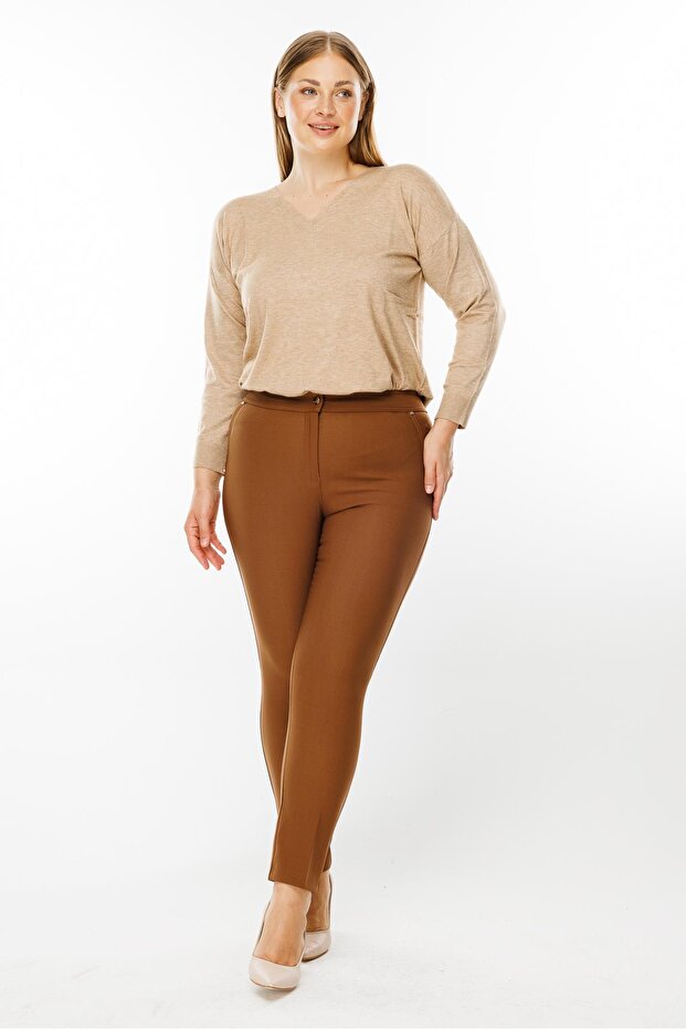 Modailgi Yan Cep Dar Paça Pantolon Taba - 4