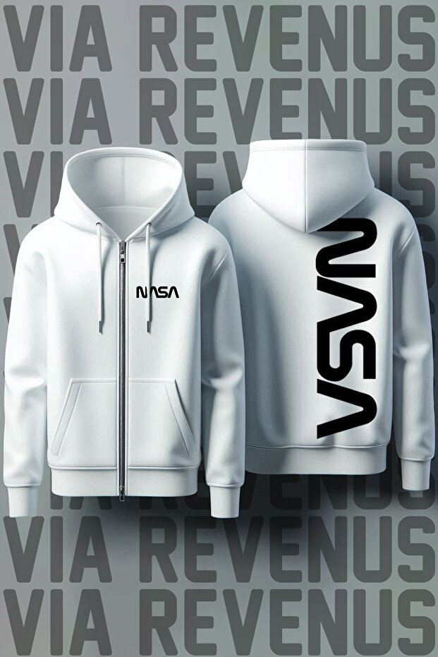 Nasa Front and Back Printed Unisex Zippered Hooded White Sweatshirt Cardigan