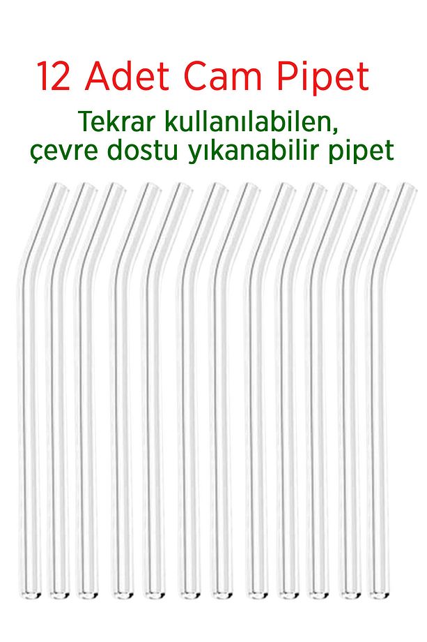 Şeffaf Cam Pipet 12'li Cam Eğimli Pipet (Isıya Dayanıklı) - 1