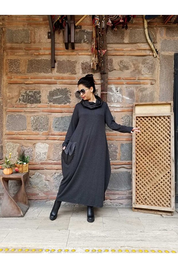 Vegan Leather Detailed Dress (38-46 Size Compatible)