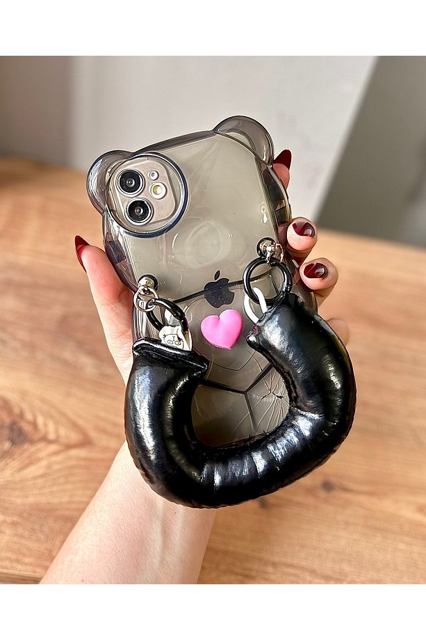 IPHONE 11 SİYAH AYICIK ŞEKİLLİ TUTMA AKSESUARLI KILIF - 1