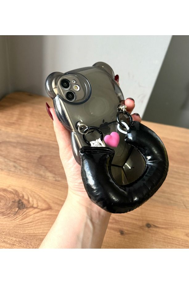 IPHONE 11 SİYAH AYICIK ŞEKİLLİ TUTMA AKSESUARLI KILIF - 3
