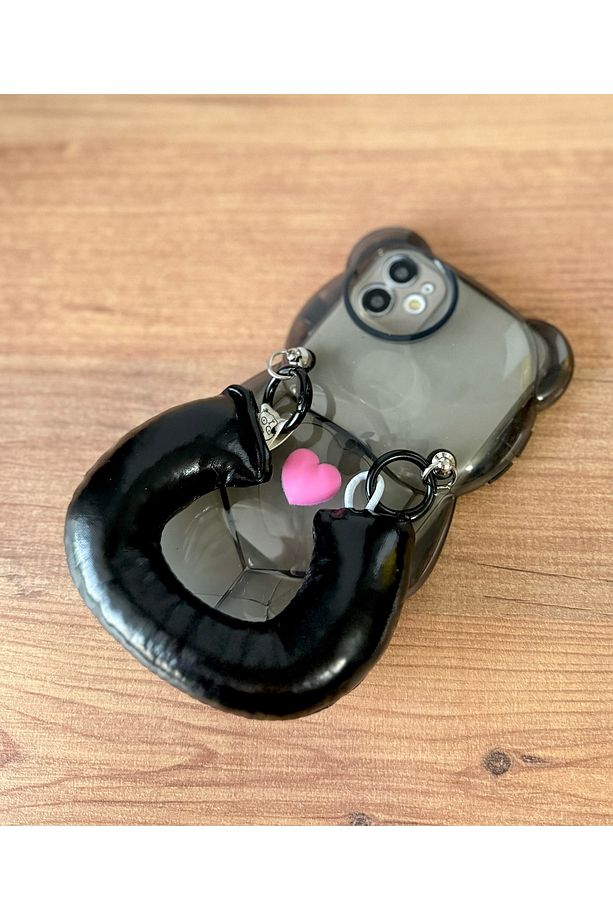 IPHONE 11 SİYAH AYICIK ŞEKİLLİ TUTMA AKSESUARLI KILIF - 5