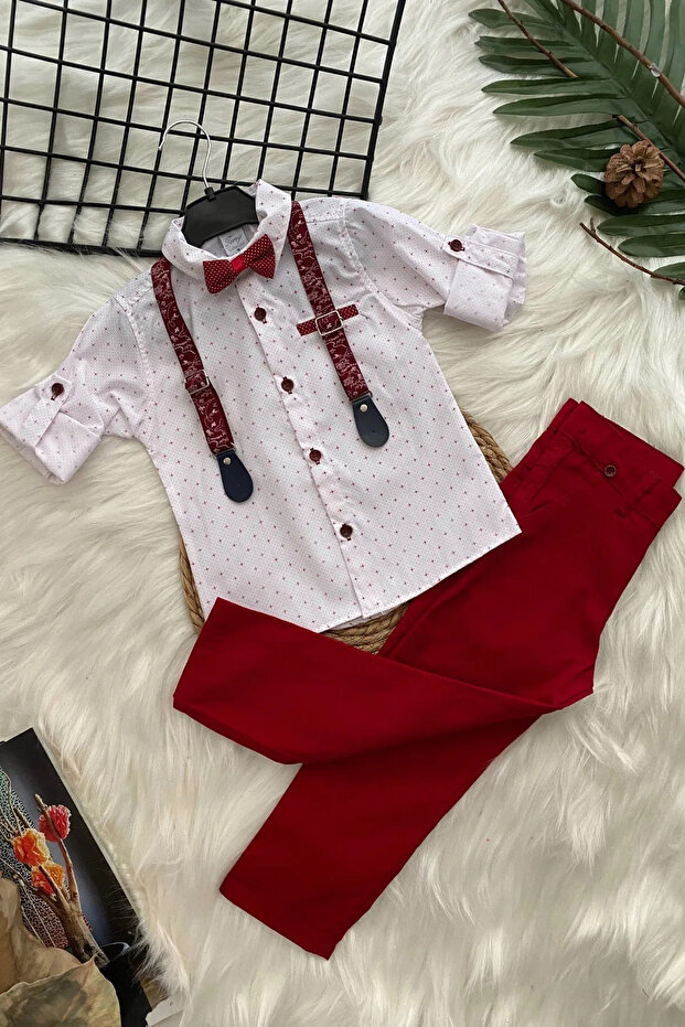 Boy's Burgundy Bow Tie and Suspender Shirt Set Aby135