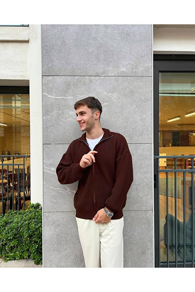 Fermuarlı Triko Kazak Örme Oversize - 2