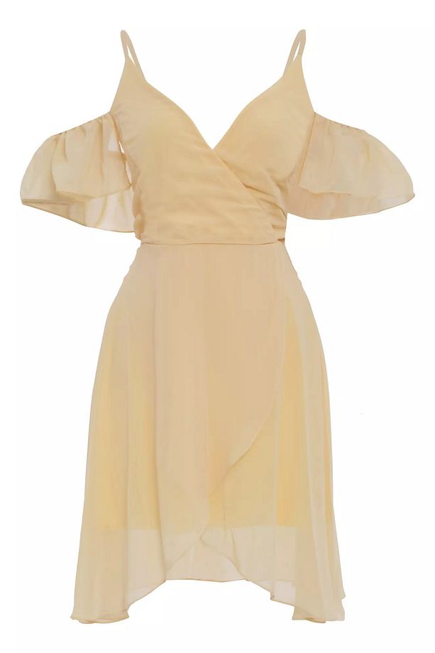 Sarı sifon kısa kol kısa elbise - 1