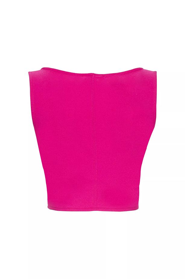 Fuşya örme kolsuz crop top - 2